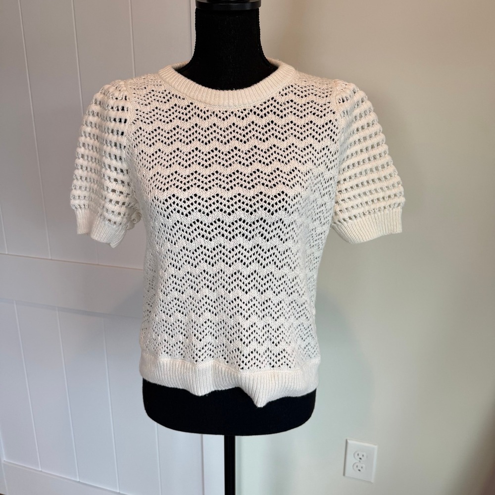 Madewell Pointelle Short Sleeve Sweater Cream White Chevron Puff Sleeve Small